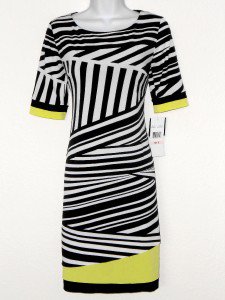 Karin Stevens Dress Sz 8 Shift Black White Geometric Stripe Lime Green Trim NWT