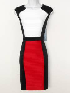 London Times Dress Size 10P Black Red White Colorblock Shutter Pleat Stretch NWT