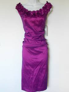 London Times Dress Size 8 Purple Berry Ruched Ruffle Stretch Taffeta NWT