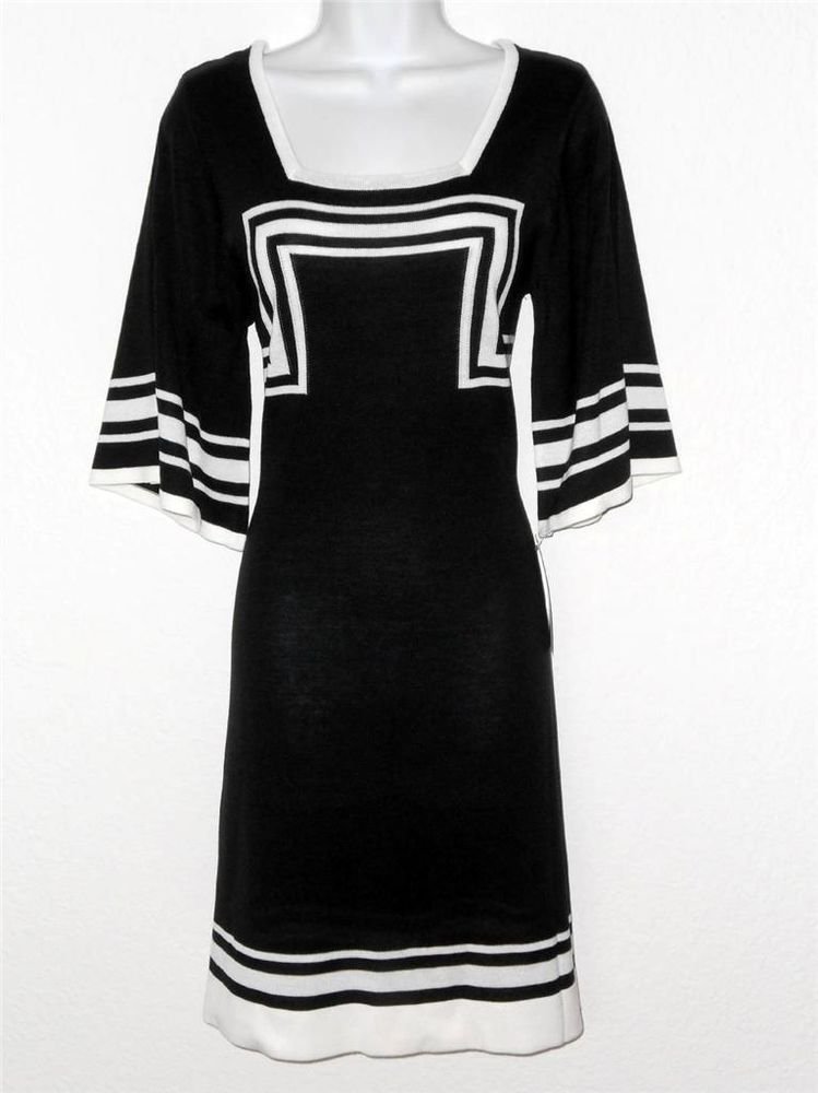Sangria Sweater Dress Medium M Black White Geometric Stripe A-Line Knit NWT
