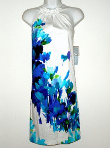 London Times Dress Sz 8 Shift Stretch Cotton White Blue Watercolor Floral NWT