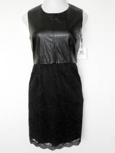 Calvin Klein Black Dress Size 12 Faux Leather and Lace Sheath Cocktail Edgy