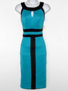 Sangria Dress Size 10 Teal Black Colorblock Stripe Stretch Keyhole Cocktail NWT