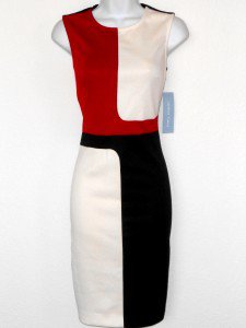London Times Dress Size 6 Black White Red Geometric Colorblock Knit Sheath NWT