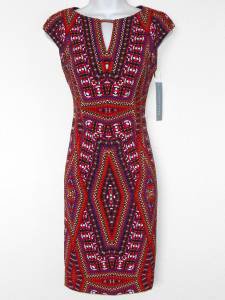 London Times Dress Size 8 Multi Geometric Print Stretch Sheath Keyhole