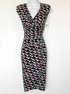 London Times Dress Size 8 Black White Hot Pink Geo Print Ruched Stretch NWT