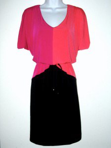 London Times Dress Size 10 Hot Pink Coral Black Colorblock Blouson Jersey NWT