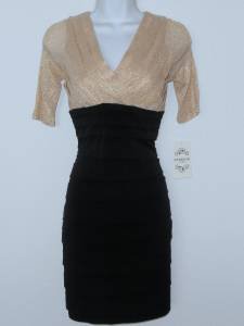 Sangria Dress Size 8P Gold Black Shimmer Shutter Pleat Stretch Cocktail NWT