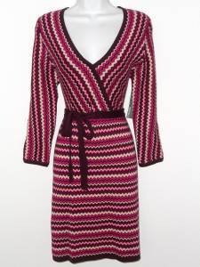 Donna Ricco Sweater Dress Medium M Purple Pink Cream Zigzag Knit Belt NWT
