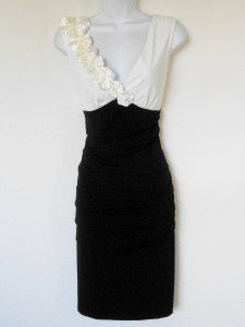 Connected Apparel Dress Size 10 Ivory Black Stretch Flowers Beads Cocktail New