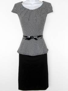 Connected Apparel Dress Size 12 Black White Polka Dot Peplum Cap Sleeve Belt