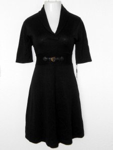 Calvin Klein Black Sweater Dress Large L Elbow Sleeve Buckle Flare Knit NWT