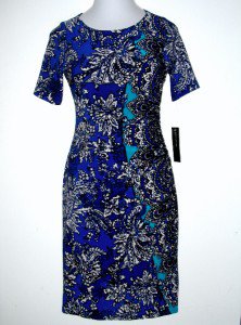 Jones New York NY Dress Size 12 Blue Teal Boho Print Stretch Ruched NWT