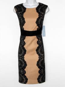 London Times Dress Beige Black Mirror Lace Print Stretch Sheath Petites NWT