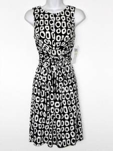 Maggy London Dress Black White O Print Stretch Tie-Waist Versatile NWT