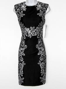 Karin Stevens Dress Black White Floral Mirror Print Stretch Sheath Petites NWT