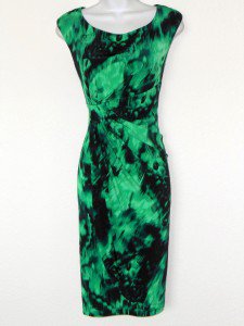 Connected Apparel Dress Sz 10 Green Black Dip Dye Print Stretch Gathered New