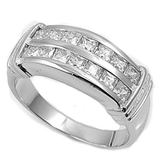 Silver Channel Set Princess Cut Cubic Zirconia Wedding Band Ring Solid Sterling