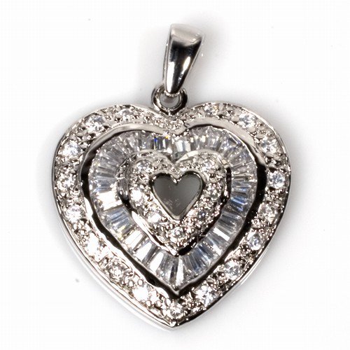 Vintage Inspired Pave Cubic Zirconia Heart Pendant Sterling Silver Antique Style