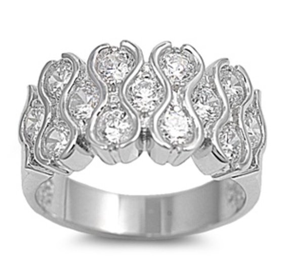 Silver Bezel Set Brilliant Cut Cubic Zirconia Fashion Band Ring Solid Sterling C