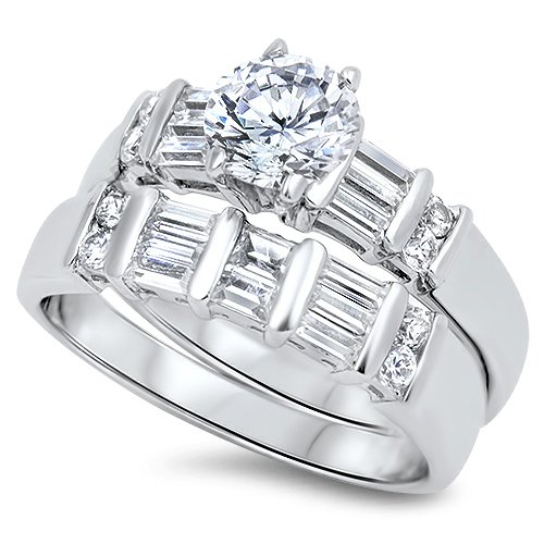 Sterling Silver 1CT Brilliant Cut CZ Wedding Ring Set with Baguettes Bridal