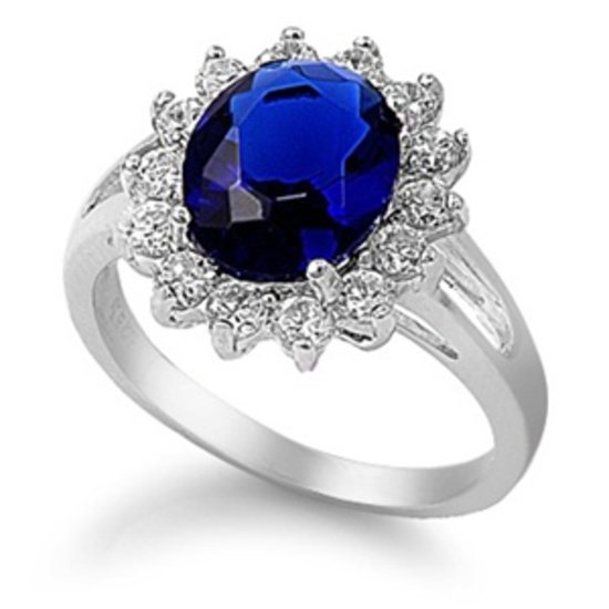 SILVER Kate Middleton Inspired Petite Sapphire CZ Halo Engagement Ring Rhodium P