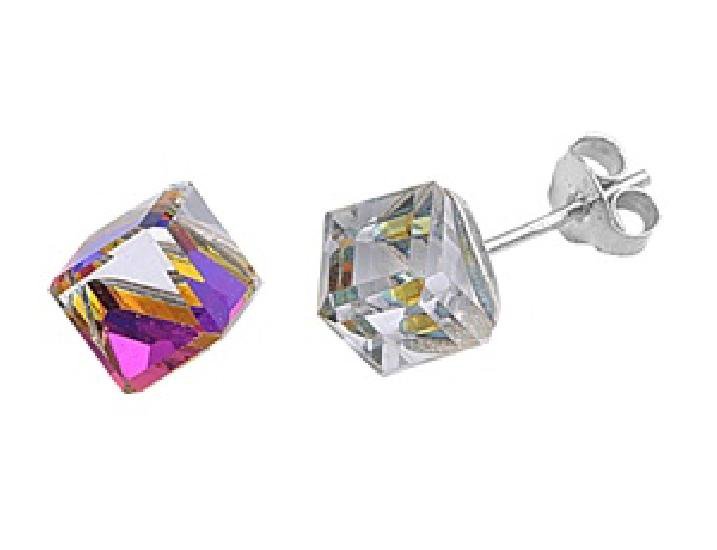 MULTICOLOR 9mm Crystal Cube Rainbow Color Cubic Zirconia Stud Earrings Sterling