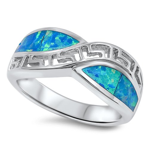 9MM GREEK KEY BLUE FIRE OPAL INLAY INFINITY BAND Sterling Silver Size 5-10