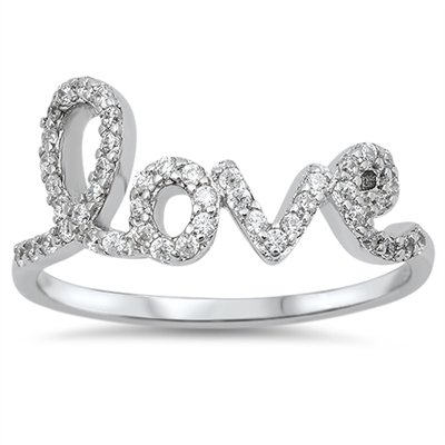 PAVE CZ LOVE SCRIPT FASHION RING .925 Solid Sterling Silver Love Ring Sterling S