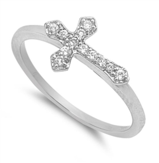 Silver STERLING SILVER SIDEWAYS CROSS CZ Designer Fashion Ring Solid Sterling CL