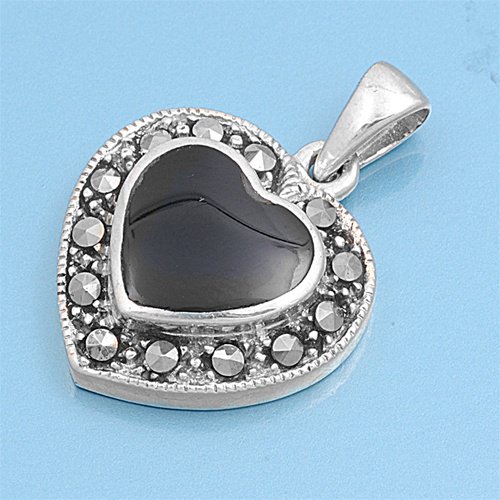 Heart Shape Black Onyx CZ Antique Pendant Solid Sterling Silver BLACK ONYX