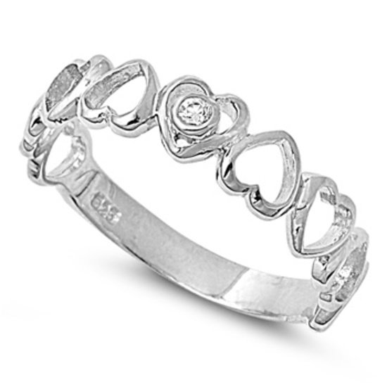 Alternating Heart Shape Silver Cubic Zirconia Band Ring Sterling Silver Bridal R