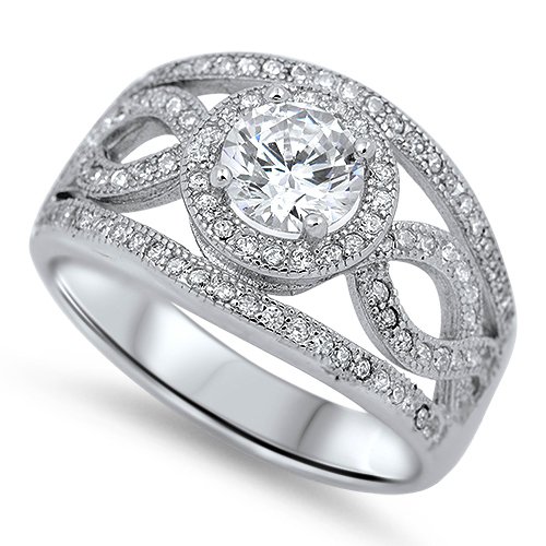 WIDE BAND VINTAGE STYLE CZ ENGAGEMENT RING Sterling Silver Bridal Ring Sterling