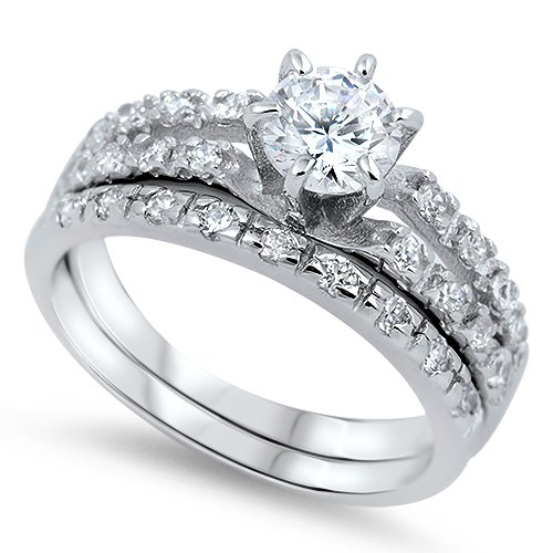 2CT ROUND CUT CZ .925 Sterling Silver Engagement Bridal Wedding Ring Set Bridal