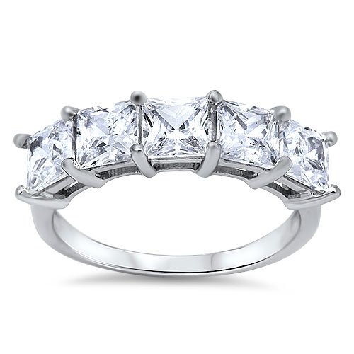 FIVE STONE PRINCESS CUT CZ WEDDING BAND Sterling Silver Bridal Ring Size 4-10 St