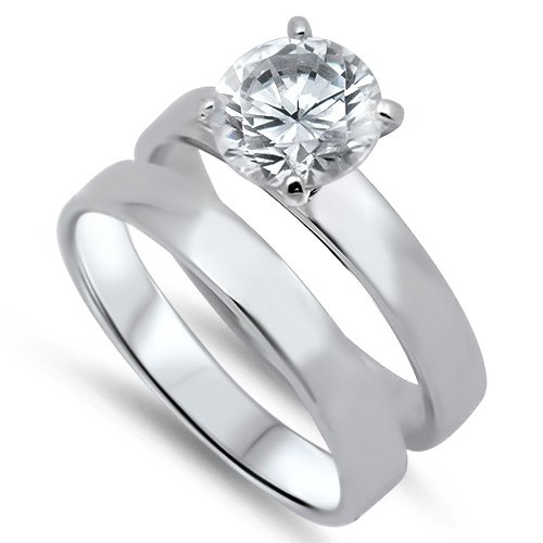 Sterling Silver Brilliant Cut Plain Band Solitaire CZ Wedding Ring Set Bridal