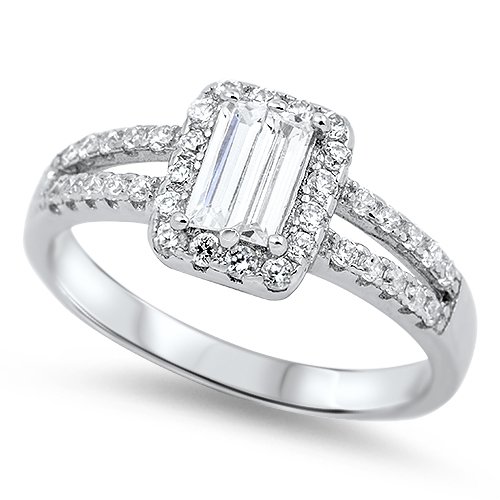 1CT EMERALD CUT HALO CZ ENGAGEMENT RING Sterling Silver Bridal Ring Size 5-10 St