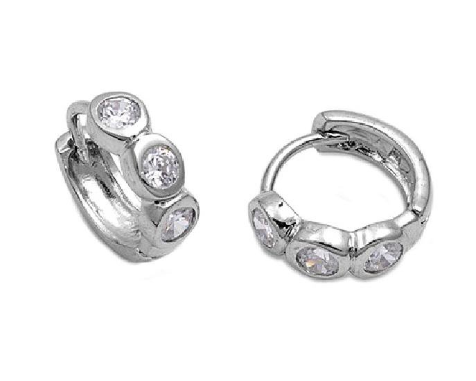 Brilliant Bezel Set Three Stone CZ Huggie Hoop Earrings Sterling Silver CLEAR