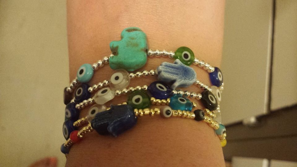 Sterling Silver Beaded Evil Eye Bracelet with Hamsa or Elephant charm
