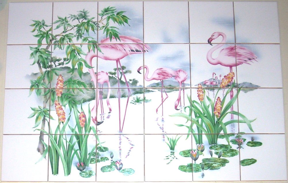 Flamingos Tropical Island Ceramic Tile Mural Palms 24Pc Backsplash Kiln Fired