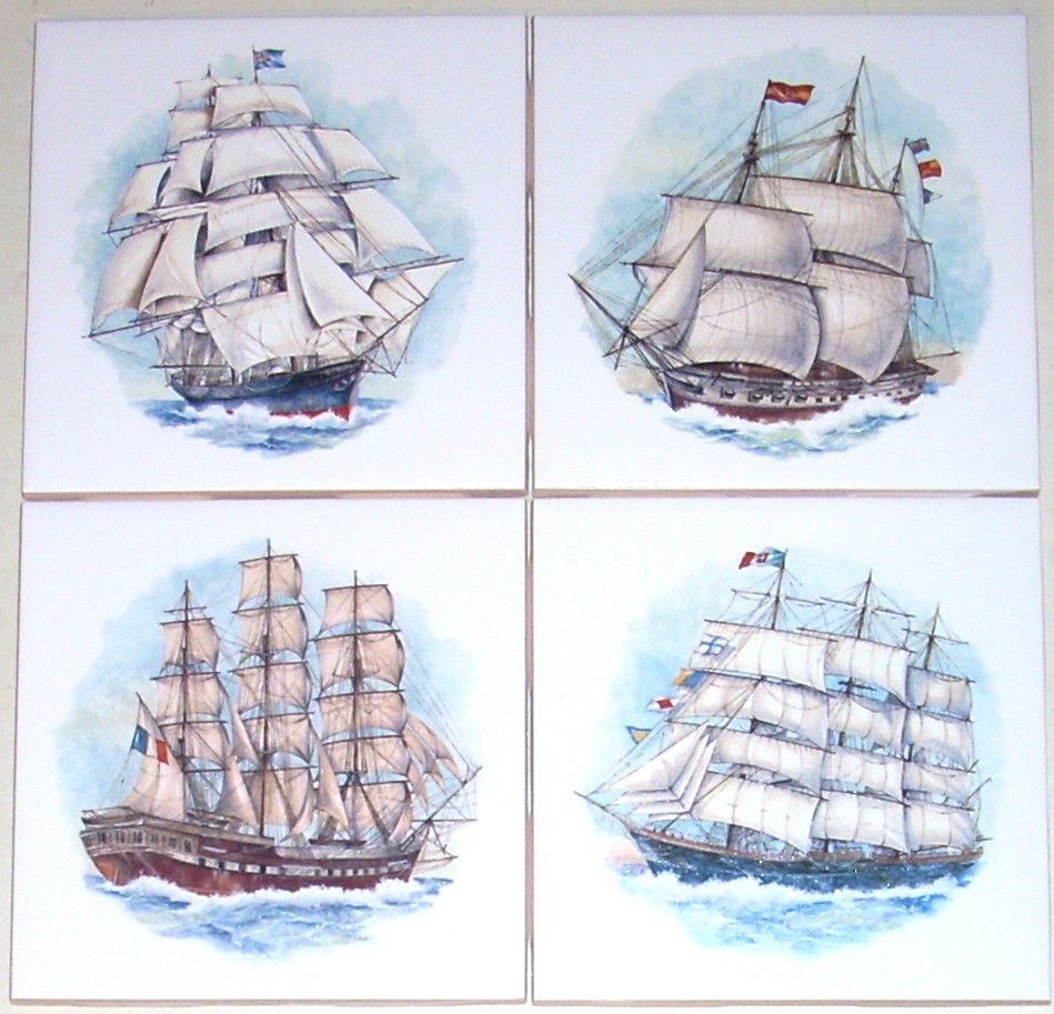 Ship Ceramic Tiles Sailing set of 4 Kiln Fired 4.25" x 4.25"