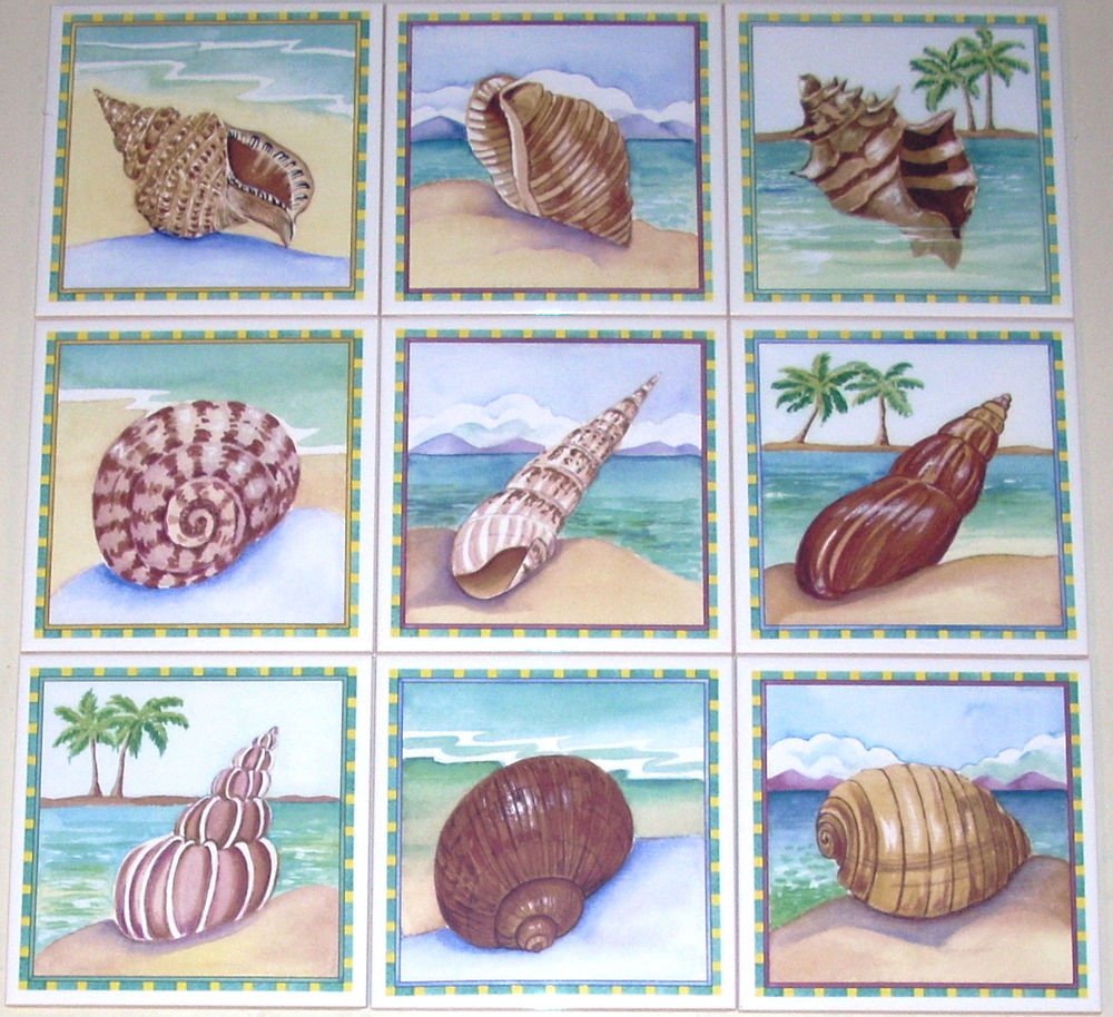 Sea Shell Ceramic Tile Back Splash Tropical Shells 6" Set of 9 Kiln Fired
