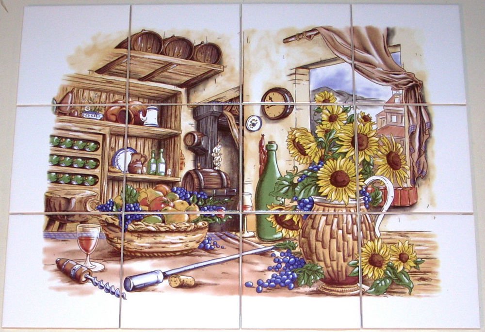 Wine Ceramic Tile Mural Pantry 12pcs 4.25" Sunflower Backsplash Kiln Fired
