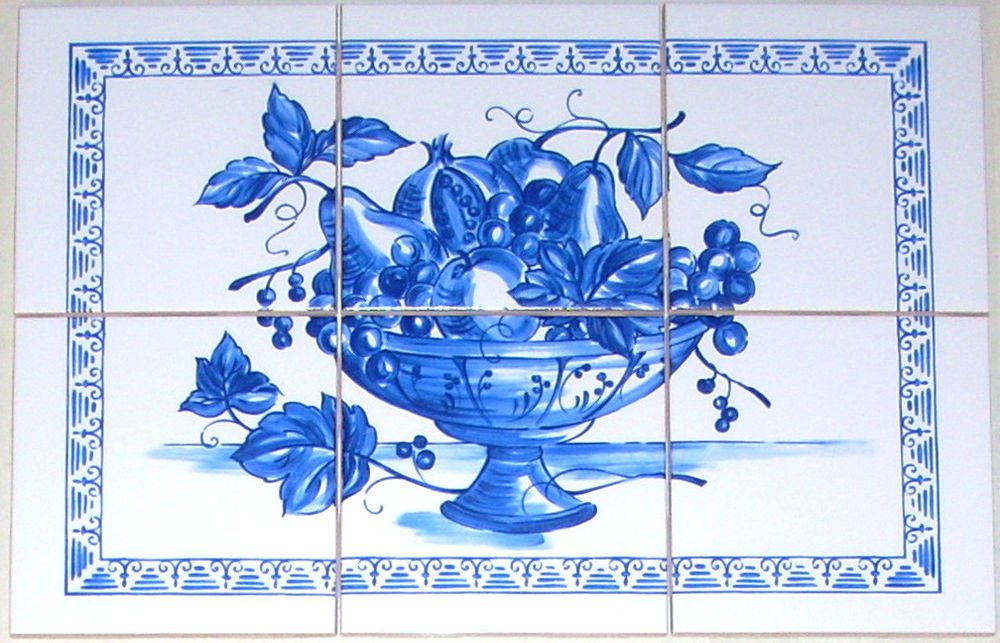 Blue Delft Fruit Ceramic Tile Mural 6pcs of 4.25" Kiln Fired Backsplash