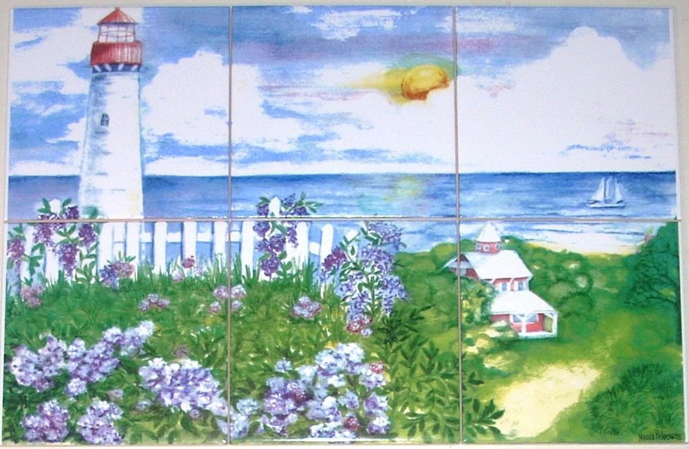 White Light House Ceramic Tile Mural 6 of 6" Lighthouse Backsplash Kiln Fired