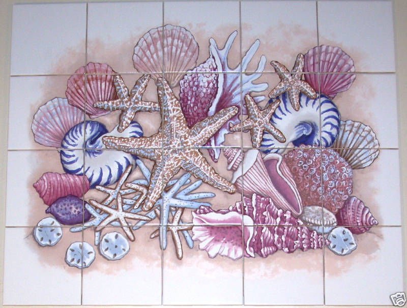 Sea Shell Ceramic Tiles Mural 20pc 4.25" Star Fish Conch Backsplash Kiln Fired