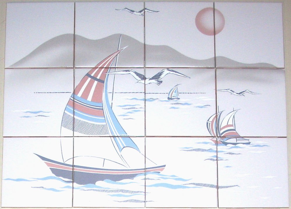 Sail Boat Ceramic Tile Mural Back splash 12 pcs kiln fired Decor* Plus 7 Accents