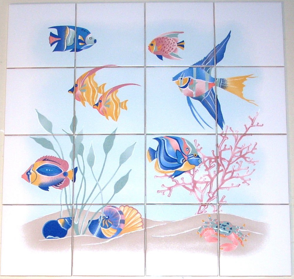Blue Fish Ceramic Tile Mural 16 pcs 4.25" Kiln Fired Back Splash Nautical Decor