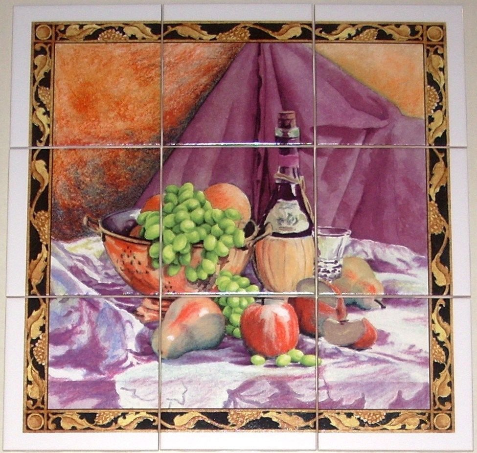 Closeout Wine and Fruit Ceramic Tile Mural 9pcs 4.25" x 4.25" Kiln Fired Purple Orange