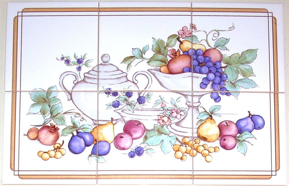 Pretty Fruit Ceramic Tile Mural Grapes 6pcs 6" x 6" Kiln Fired Wall Decor